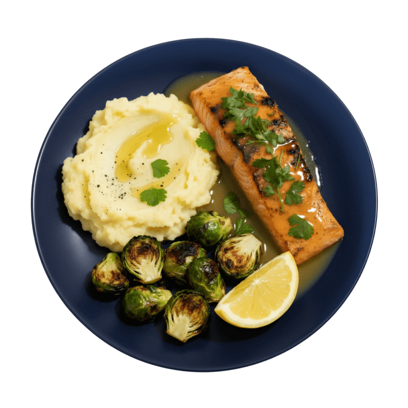 Roasted Salmon w_ Lemon Vinaigrette, Brussels and Citrus Mashed Potatoes