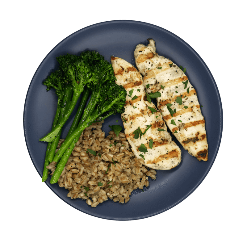 Grilled Souvlaki Chicken with Garlic Farro and Sauteed Broccolini