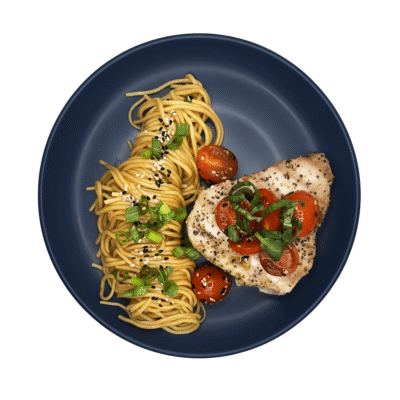 Seared Tuna with Asian Balsamic Tomato Glaze over Soba Noodles