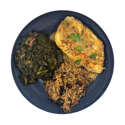 Creole Mustard Chicken with Collards and Black Beans & Rice