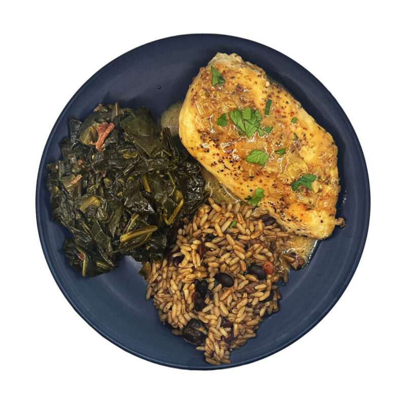 Creole Mustard Chicken with Collards and Black Beans & Rice